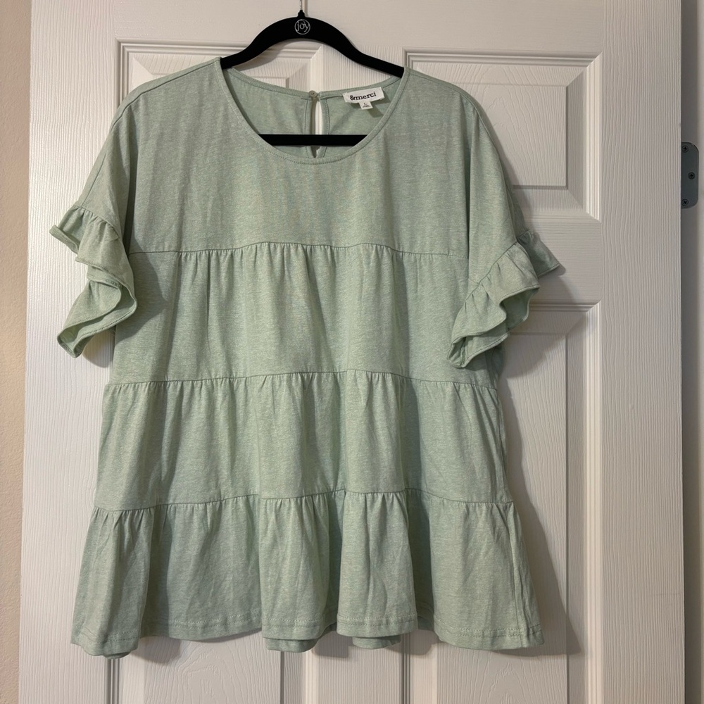 &Merci Ruffle Short Sleeve Top, Sage, size L